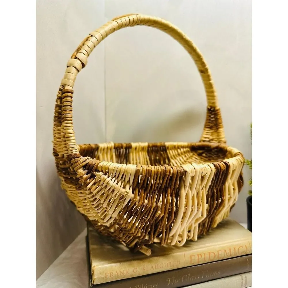 Two‑Tone Oval Wicker Gathering Basket Light & Dark Stripe 11.5x8.5x10.5 inch